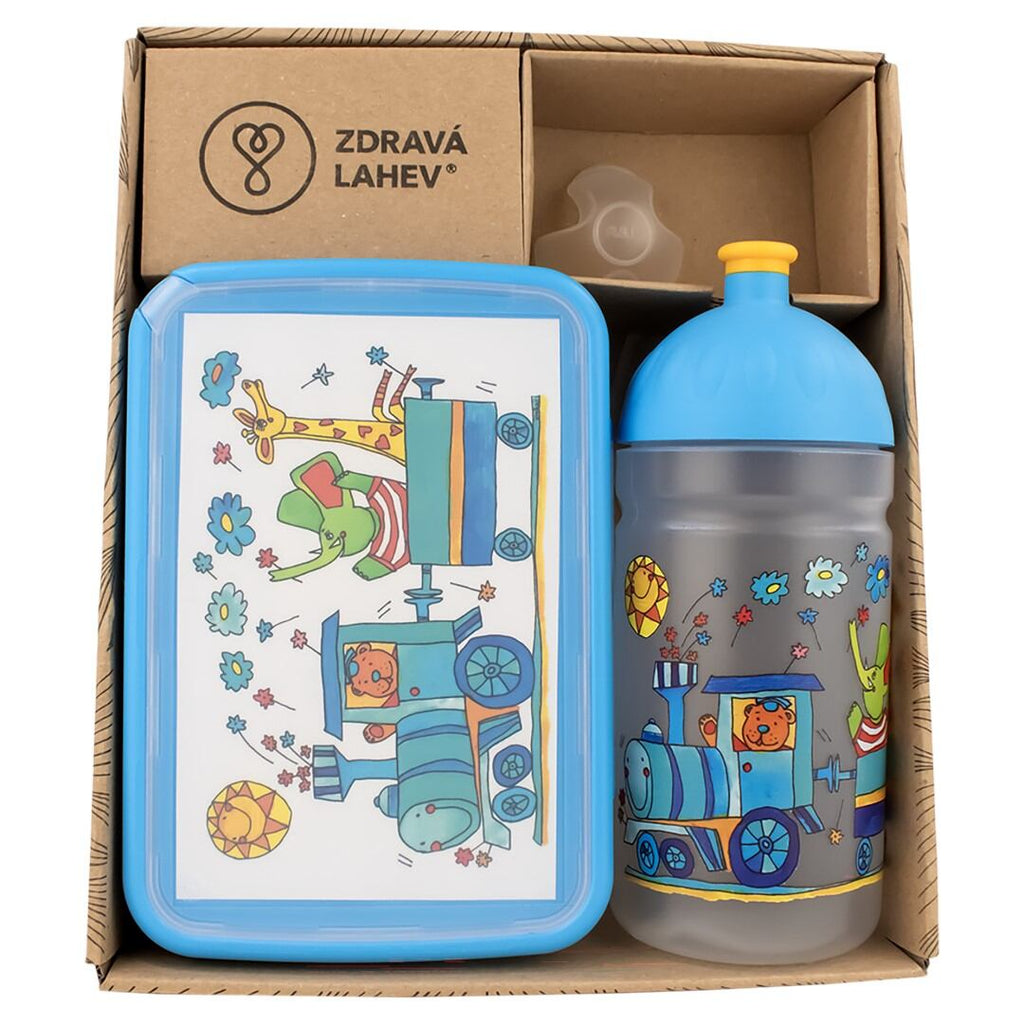 ZDRAVÁ LAHEV® SET ZDRAVÁ LAHEV A ZDRAVÁ SVÁČA svačinový box a lahev 0,5l Vláček se zvířátky