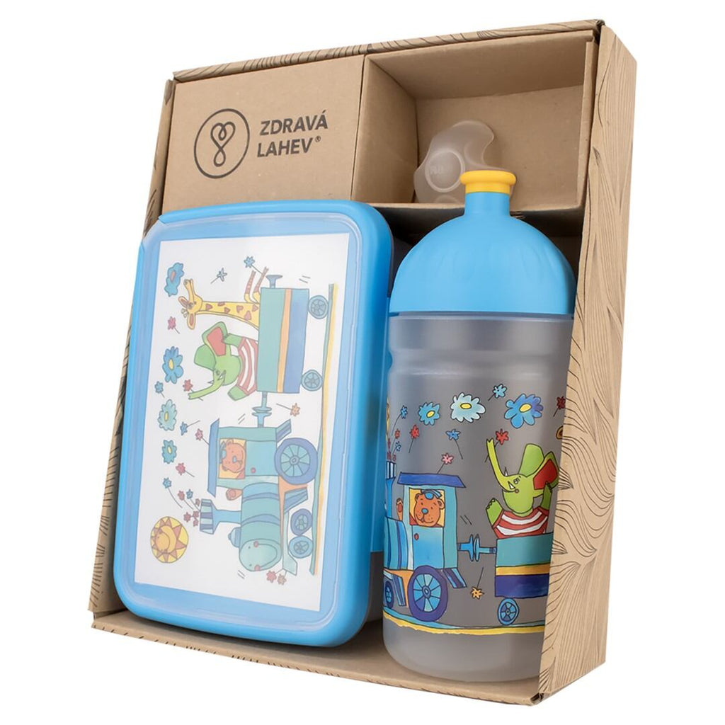 ZDRAVÁ LAHEV® SET ZDRAVÁ LAHEV A ZDRAVÁ SVÁČA svačinový box a lahev 0,5l Vláček se zvířátky